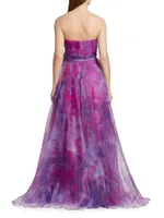 Printed Organza Strapless Gown