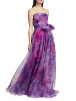 Printed Organza Strapless Gown