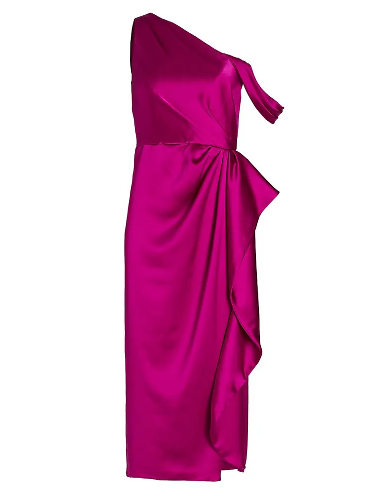 Draped Satin One-Shoulder Midi-Dress