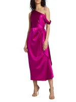 Draped Satin One-Shoulder Midi-Dress