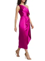 Draped Satin One-Shoulder Midi-Dress