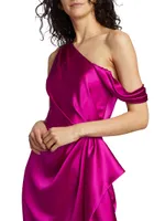 Draped Satin One-Shoulder Midi-Dress