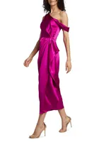 Draped Satin One-Shoulder Midi-Dress