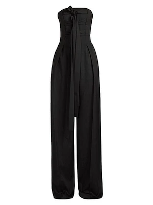 Pleated Tie-Bustier Strapless Jumpsuit