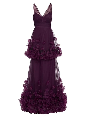 Tiered Floral-Appliqué Gown