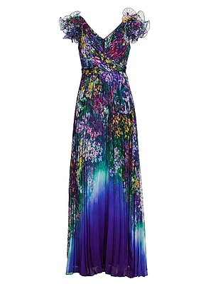 Floral Ruffle-Sleeve Pleated Gown