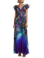 Floral Ruffle-Sleeve Pleated Gown