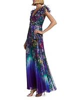 Floral Ruffle-Sleeve Pleated Gown