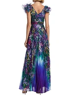Floral Ruffle-Sleeve Pleated Gown