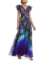 Floral Ruffle-Sleeve Pleated Gown