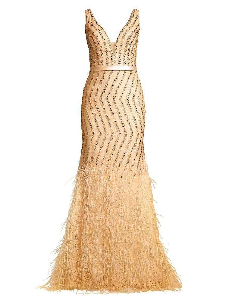 Feather Embellished Plunge V-Neck Gown