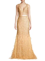 Feather Embellished Plunge V-Neck Gown