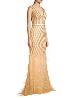 Feather Embellished Plunge V-Neck Gown