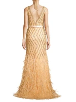 Feather Embellished Plunge V-Neck Gown