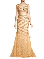 Feather Embellished Plunge V-Neck Gown