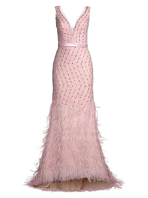 Feather Embellished Plunge V-Neck Gown