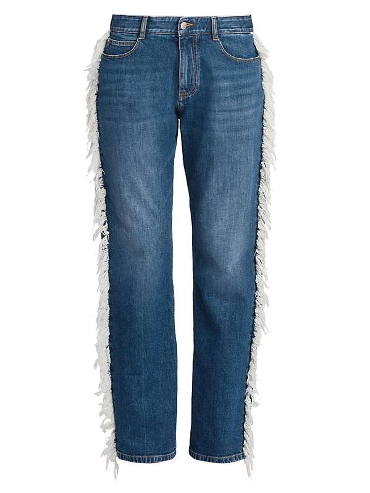 Fringed Straight-Leg Mid-Rise Jeans