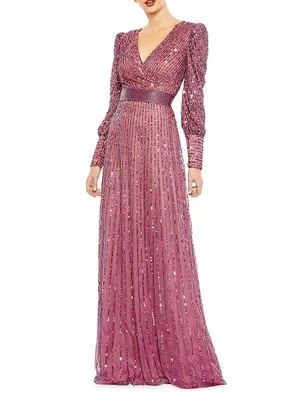 Sequin Wrap-Over Bishop-Sleeve Gown