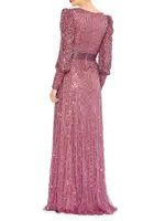 Sequin Wrap-Over Bishop-Sleeve Gown