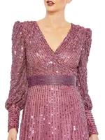 Sequin Wrap-Over Bishop-Sleeve Gown