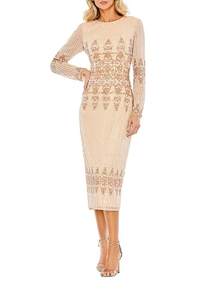 Embellished Long-Sleeve Column Dress