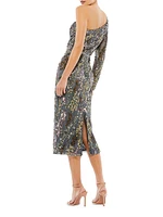 One-Shoulder Metallic Midi-Dress