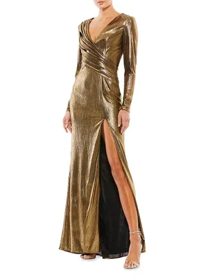 Metallic Long-Sleeve Asymmetrical Ruched Gown