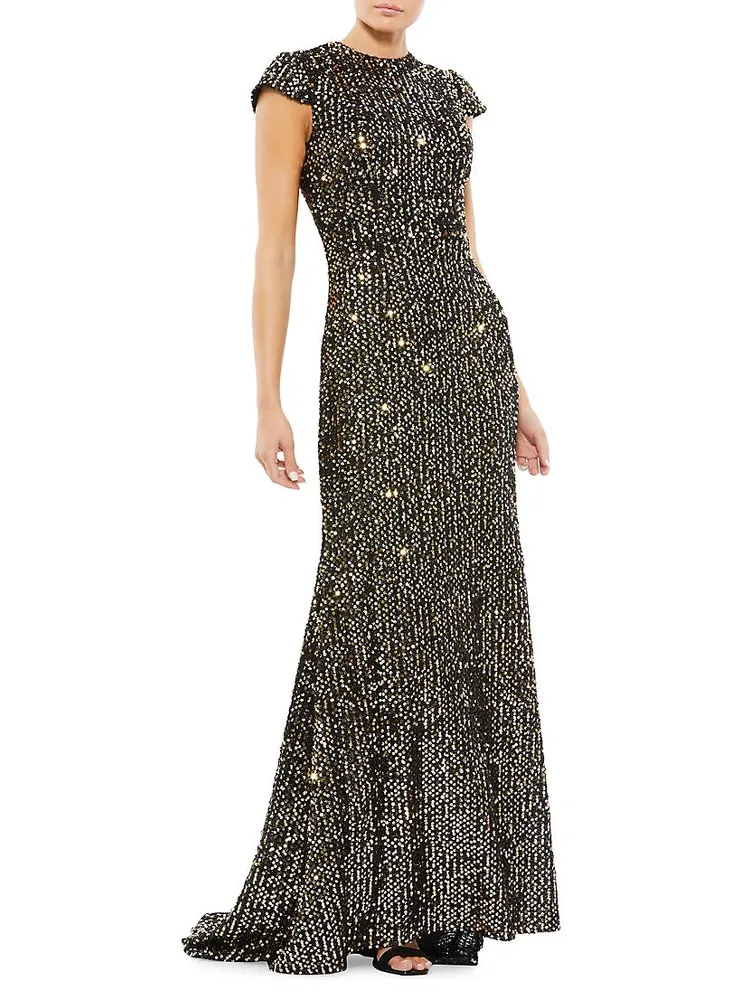 Metallic Cap-Sleeve Gown