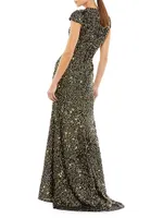 Metallic Cap-Sleeve Gown