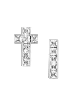 Just The [Un]Ordinary 18K White-Gold-Plated & Cubic Zirconia Mismatch Cross Tennis Earrings