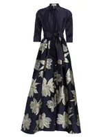 Shirtwaist Floral Jacquard Gown