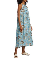 Printed Silk Halter Chain Midi-Dress