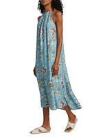 Printed Silk Halter Chain Midi-Dress