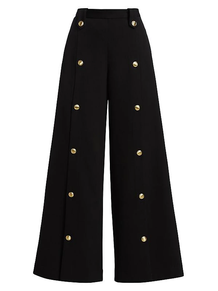 Virgin-Wool-Blend Button-Front Wide-Leg Pants