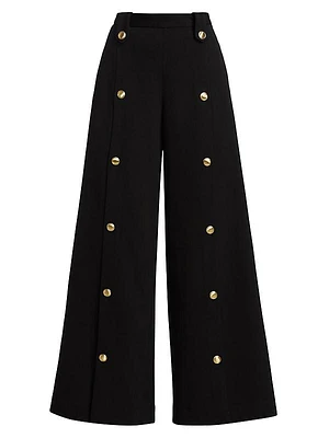 Virgin-Wool-Blend Button-Front Wide-Leg Pants