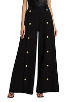 Virgin-Wool-Blend Button-Front Wide-Leg Pants