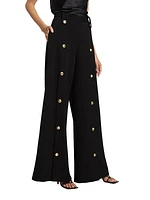 Virgin-Wool-Blend Button-Front Wide-Leg Pants