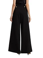 Virgin-Wool-Blend Button-Front Wide-Leg Pants