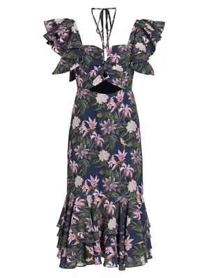 Chocolate Floral-Print Ruffled Midi-Dress