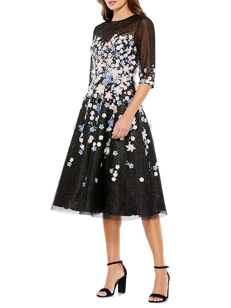 Glittery Floral-Appliqué Midi-Dress