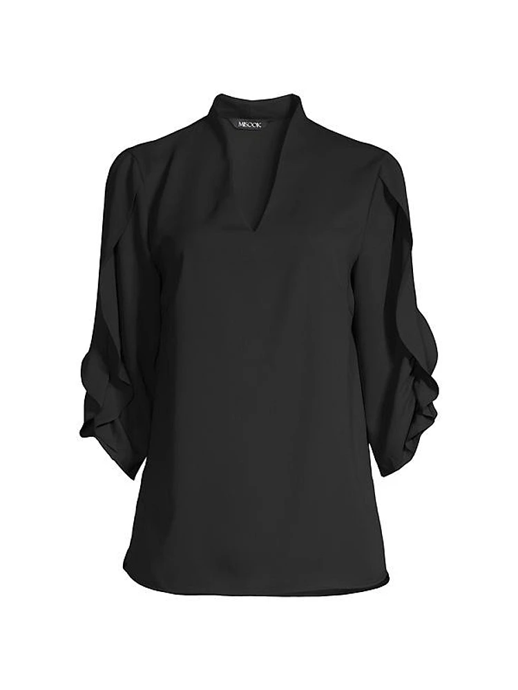 Tulip-Sleeve Crepe De Chine Blouse