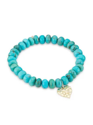 Pure 14K Yellow Gold & Turquoise Nugget Heart Charm Bracelet