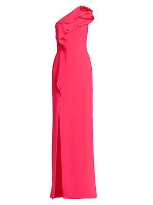 Ruffled Crepe One-Shoulder Gown