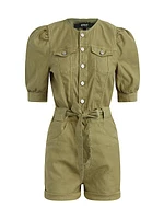 Puff-Sleeve Button-Front Romper