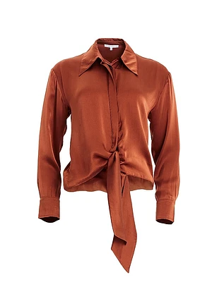 Gem Silk Button-Down Tie Blouse