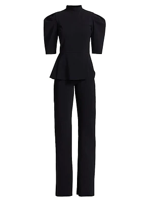 Mixed-Media Puff-Sleeve Jumpsuit