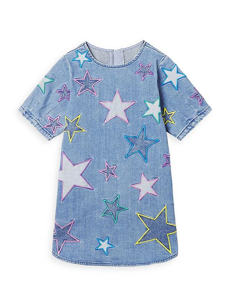 Little Girl's & Girl's Girl Multicolor Embroidered Star Denim Dress