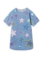 Little Girl's & Girl's Girl Multicolor Embroidered Star Denim Dress