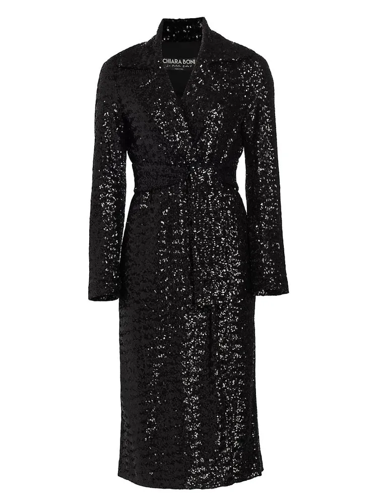 Saveria Long Sequin Wrap Coat