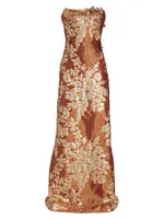 Strapless Applique Brocade Gown